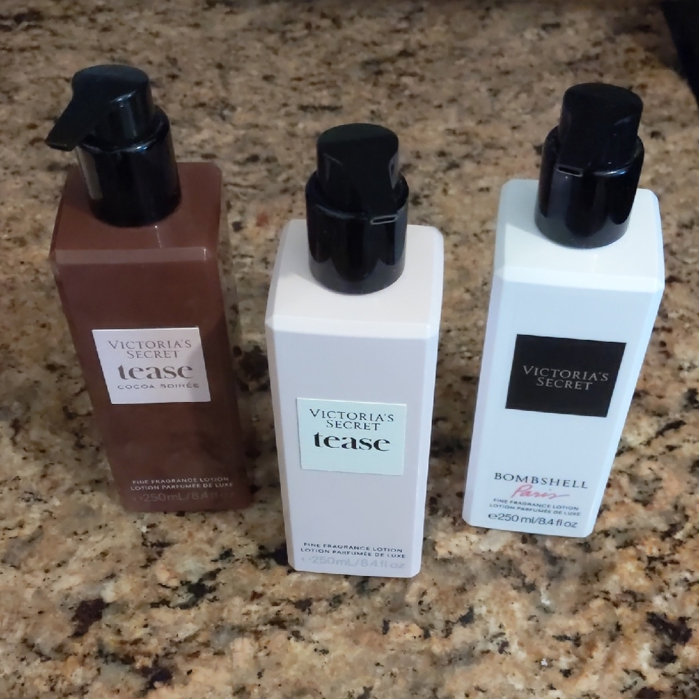 Victoria's Secret Tease & Bombshell Lotion Trio - Brown, Pale Pink, White